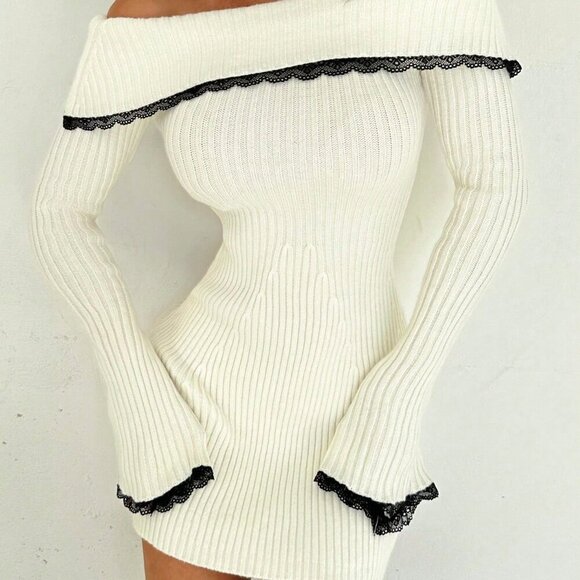 White Elegant Women's Sexy Lace Patchwork Off Shoulder A-Line Mini Dress - Picture 7 of 7